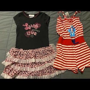 Pink and black dress and red and white romper